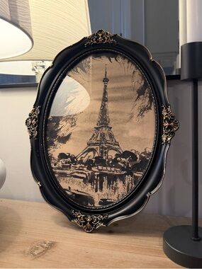 Vintage Paris Eiffel Tower Framed Print | Ornate Black & Gold Oval Frame
